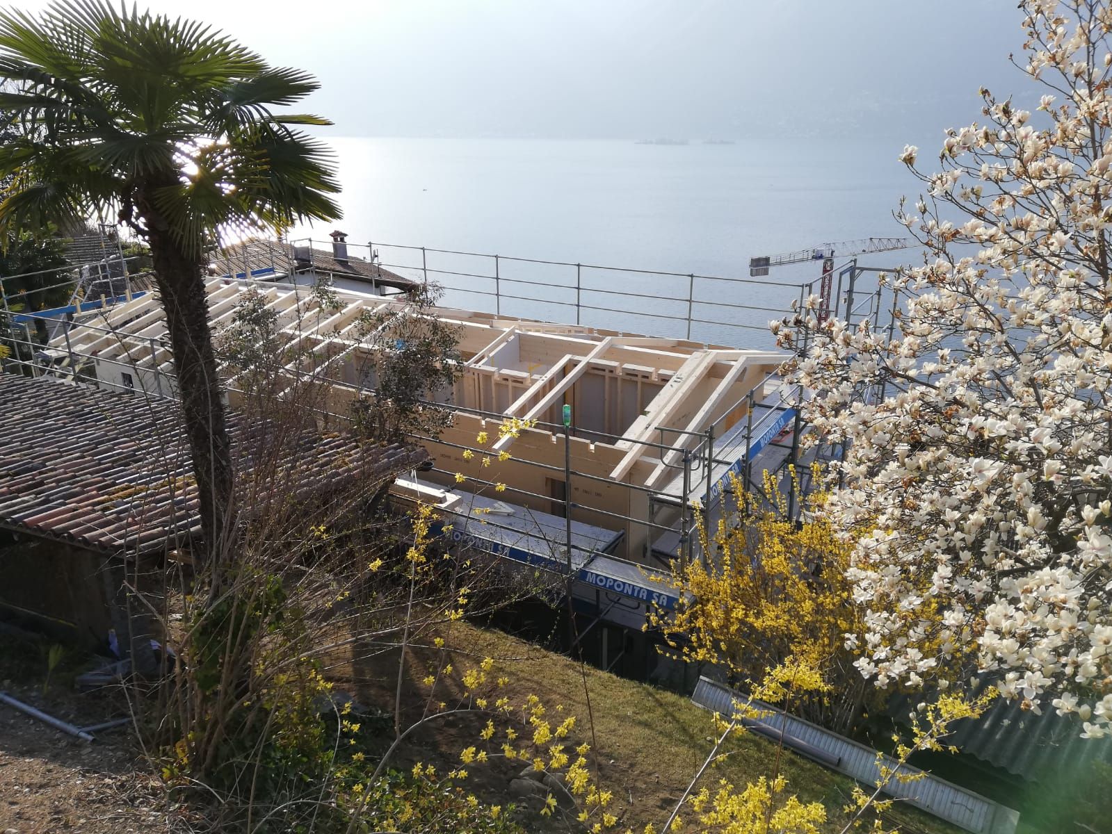 Holzbau im Rohbau mit Dachkonstruktion, im Hintergrund der See